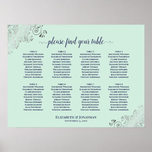 8 Table Wedding Seating Chart Mint Green & Navy Poster (Vorne)