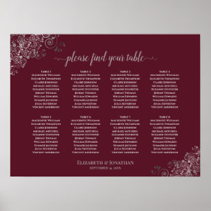 8 Tafelsilber-Spitzen-Burgund-Hochzeitstabelle Poster