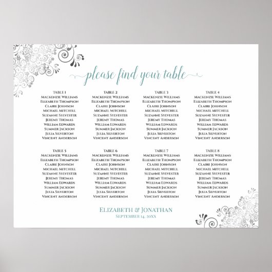 8 Tafelweiße und Aquamarine Frily Wedding Seating  Poster (Vorne)