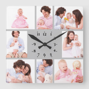 8 Teile Familienfoto in grauem Rahmen Quadratische Wanduhr