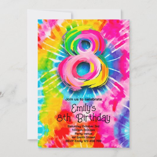 8. Tie Dye Geburtstag Einladung (Vorderseite)