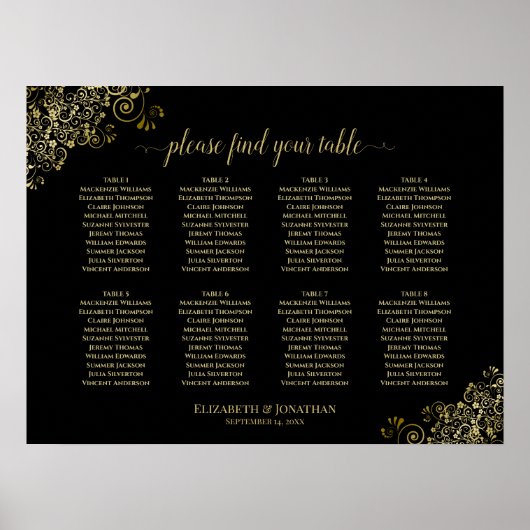 8 Tisch Hochzeitskronen Gold Frills auf schwarz Poster (Vorne)