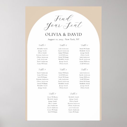8 Tische Beige Arch Finden Sie Ihre Sitzkarte Poster (Vorne)