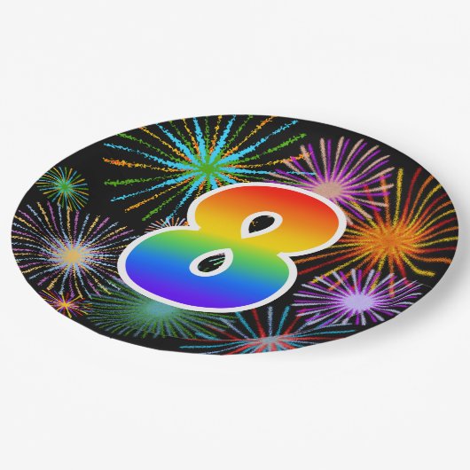 8. Veranstaltung - Spaß, farbenfroh, kühl, Regenbo Pappteller (Schrägansicht)