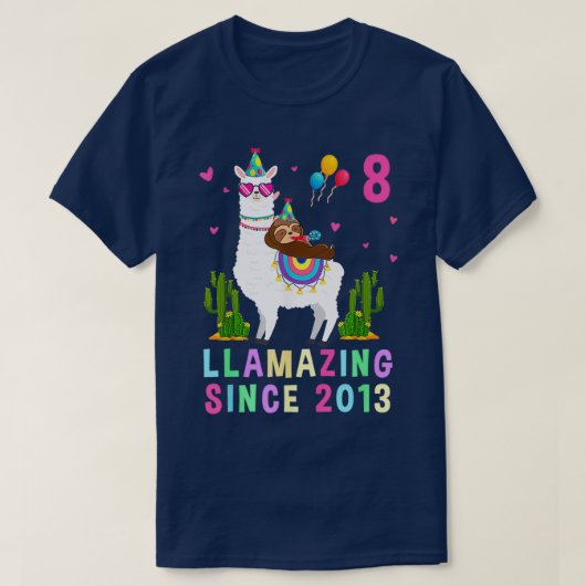 8 Years Old 8th Birthday Sloth Riding Llama Girls  T-Shirt (Design vorne)
