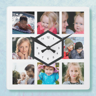 8er Foto-Collage Weiße quadratische Wanduhr