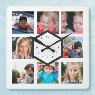 8er Foto-Collage Weiße quadratische Wanduhr