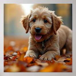8K Hyper-Realistic Puppy in Autumn Maple Leaves Poster