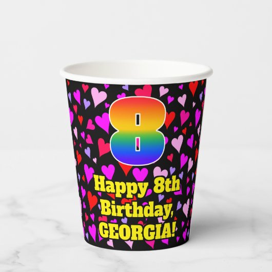 8th Birthday: Loving Hearts Pattern, Rainbow 8 Pappbecher (Rückseite)