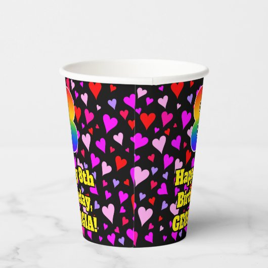 8th Birthday: Loving Hearts Pattern, Rainbow 8 Pappbecher (Rechts)