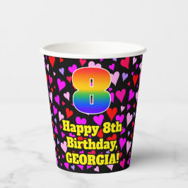 8th Birthday: Loving Hearts Pattern, Rainbow 8 Pappbecher