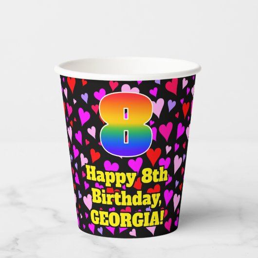 8th Birthday: Loving Hearts Pattern, Rainbow 8 Pappbecher (Vorderseite)