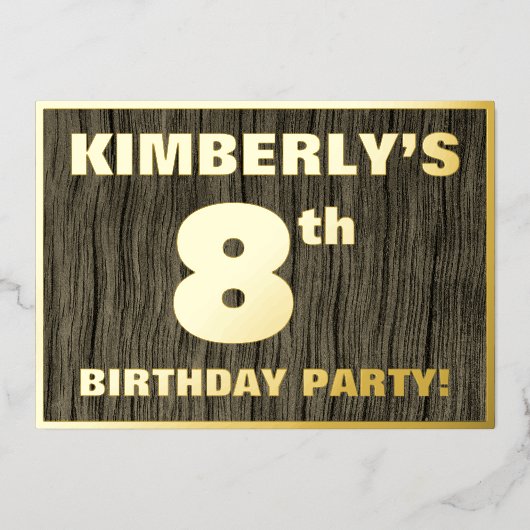 8th Birthday Party: Bold, Falschwood Grain Pattern Folieneinladung (Vorderseite)