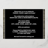 8th Birthday Party: Bold, Falschwood Grain Pattern Folieneinladung (Rückseite)