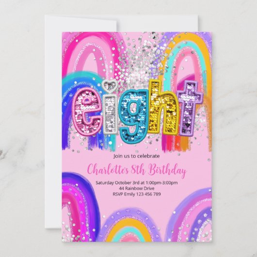8th Birthday Sequin Rainbow Party Invitation Einladung (Vorderseite)