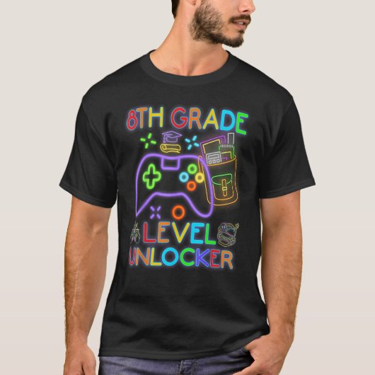8th Grade Level Unlocked Neon Video Gamer Back to  T-Shirt (Vorderseite)