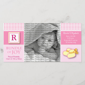 8x4 Pink Gingham Mit Monogramm Geburtsankündigung Ankündigung