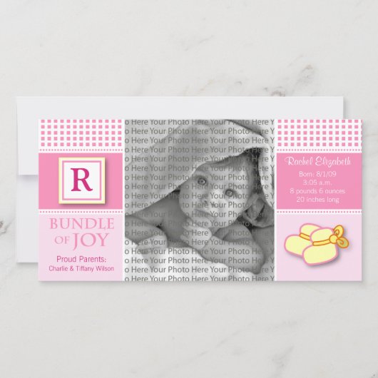8x4 Pink Gingham Mit Monogramm Geburtsankündigung Ankündigung (Vorderseite)