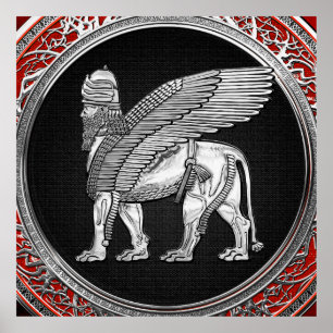 [900] Assyrian Winged Lion - Silver Lamassu Poster