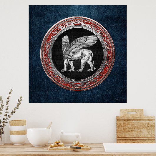 [900] Assyrian Winged Lion - Silver Lamassu Poster (Küche)