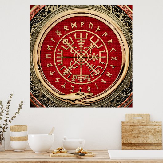 [900] Vegvisir - Viking Gold Magic Runic Compass Poster (Küche)