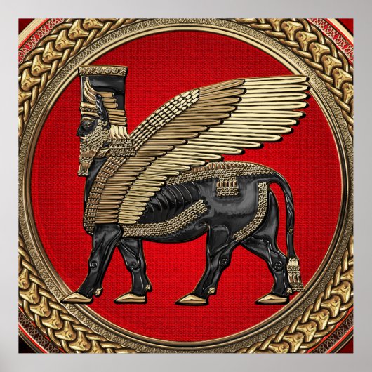 [901] Assyrian Winged Bull: Gold und Black Lamassu Poster (Vorne)