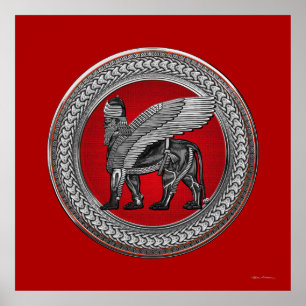 [901] Assyrian Winged Lion: Silver & Black Lamassu Poster