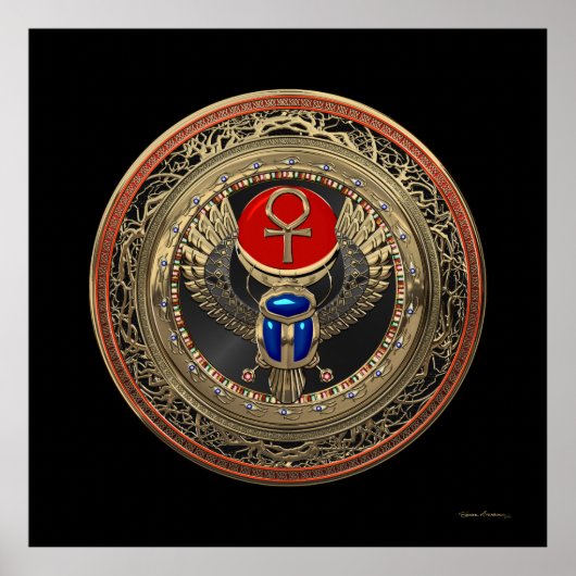 [901] Sacred Gold Egyptian Winged Scarab mit Ankh Poster (Vorne)