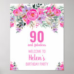 90 and fabulous pink elegant birthday party  poster<br><div class="desc">Elegant design for a 90th birthday party with a pink "90 and fabulous" and a scripted name embellished by a feminine watercolor flowers on a white background. Customize age,  text,  name and background color.</div>