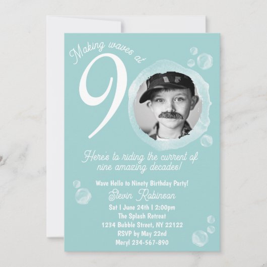 90. Aquamarine Blase Geburtstagsparty Foto Einladung (Vorderseite)