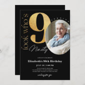 90. Black Gold Geburtstag Einladung mit Foto (Vorne/Hinten)