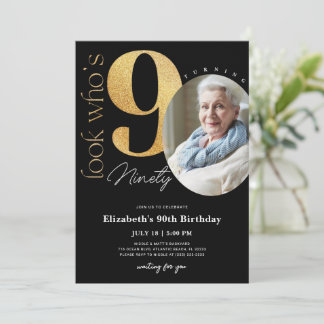 90. Black Gold Geburtstag Einladung mit Foto