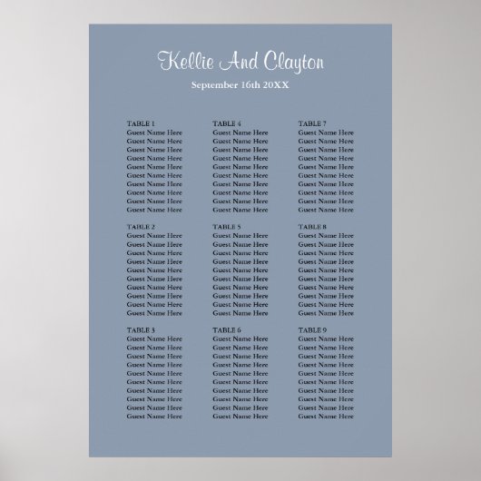 90 Blue Simple Wedding Seating Chart Poster (Vorne)