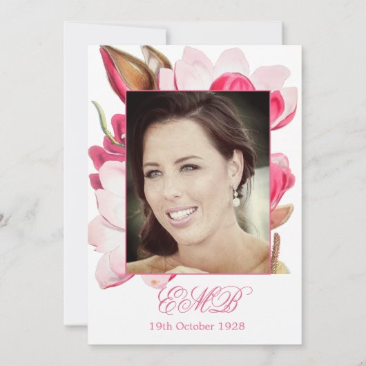 90. Blumenrosa Frühling Elegantes Foto Geburtstag Einladung (Rückseite)
