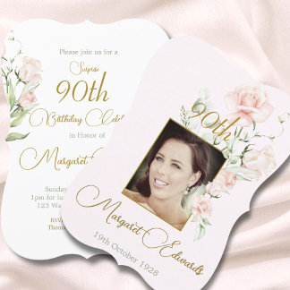 90. Blumenrot Rosa Elegantes Foto Geburtstag Einladung