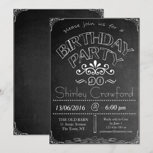90. Chalkboard Geburtstagsfeier Einladung (Vorne/Hinten)