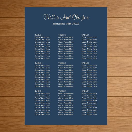 90 Classic Blue Wedding Seating Chart Poster