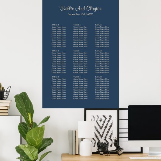 90 Classic Blue Wedding Seating Chart Poster (Heimbüro)