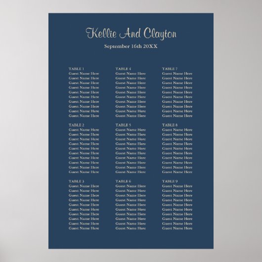 90 Classic Blue Wedding Seating Chart Poster (Vorne)
