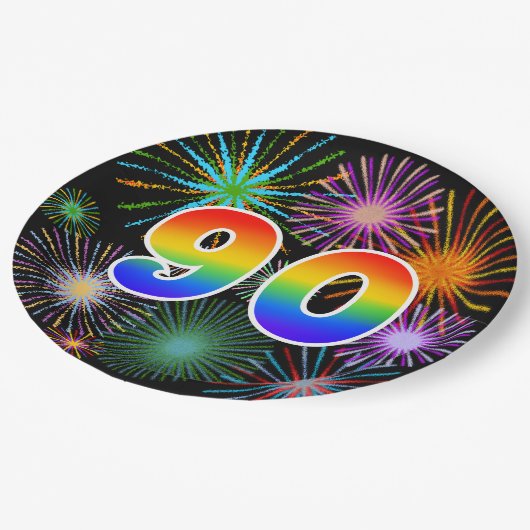 90. Event - Spaß, farbenfroh, kühl, Regenbogen 90 Pappteller (Schrägansicht)
