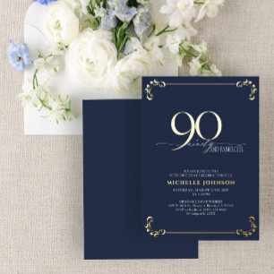 90 & Fabelhaft Blau & Gold Kalligrafie Geburtstag Folieneinladung