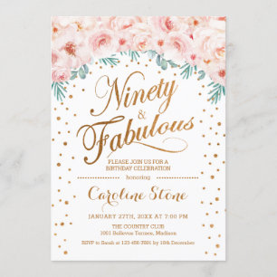 90 fabelhafte Geburtstagsparty - Weißes Gold Rosa Einladung