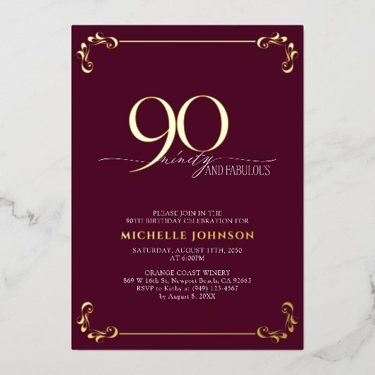 90 & Fabulous Burgundy & Gold Calligraphy Geburtst Folieneinladung (Vorderseite)