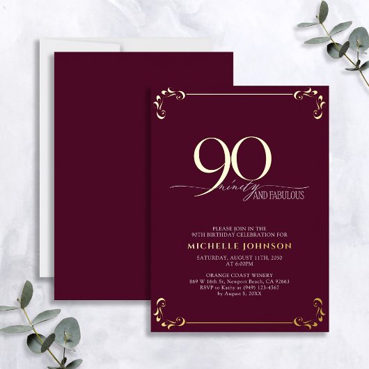 90 & Fabulous Burgundy & Gold Calligraphy Geburtst Folieneinladung