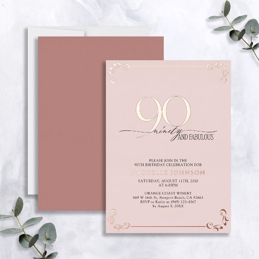 90 & Fabulous Pink Rose Gold Kalligraphie Geburtst Folieneinladung