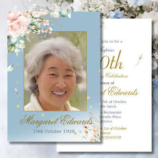 90. Flora Rose Blue Gold Elegantes Foto Geburtstag Einladung