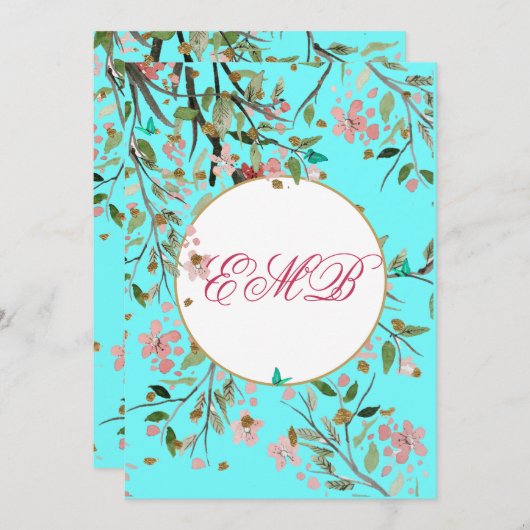 90. Floral Aqua Blue Elegant Monogram Birthday Einladung (Vorne/Hinten)