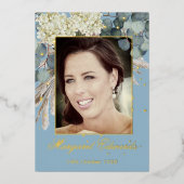 90. Floral Blue Elegant Foto Geburtstag Folieneinladung (Vorderseite)