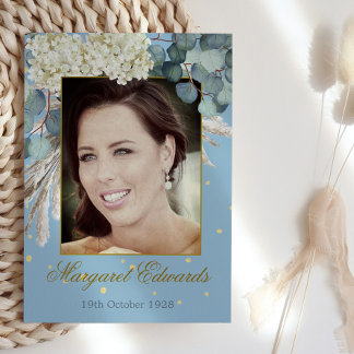 90. Floral Blue Gold Elegantes Foto Geburtstag Einladung