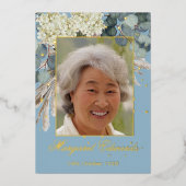 90. Floral Elegant Foto Blue Birthday Folieneinladung (Vorderseite)